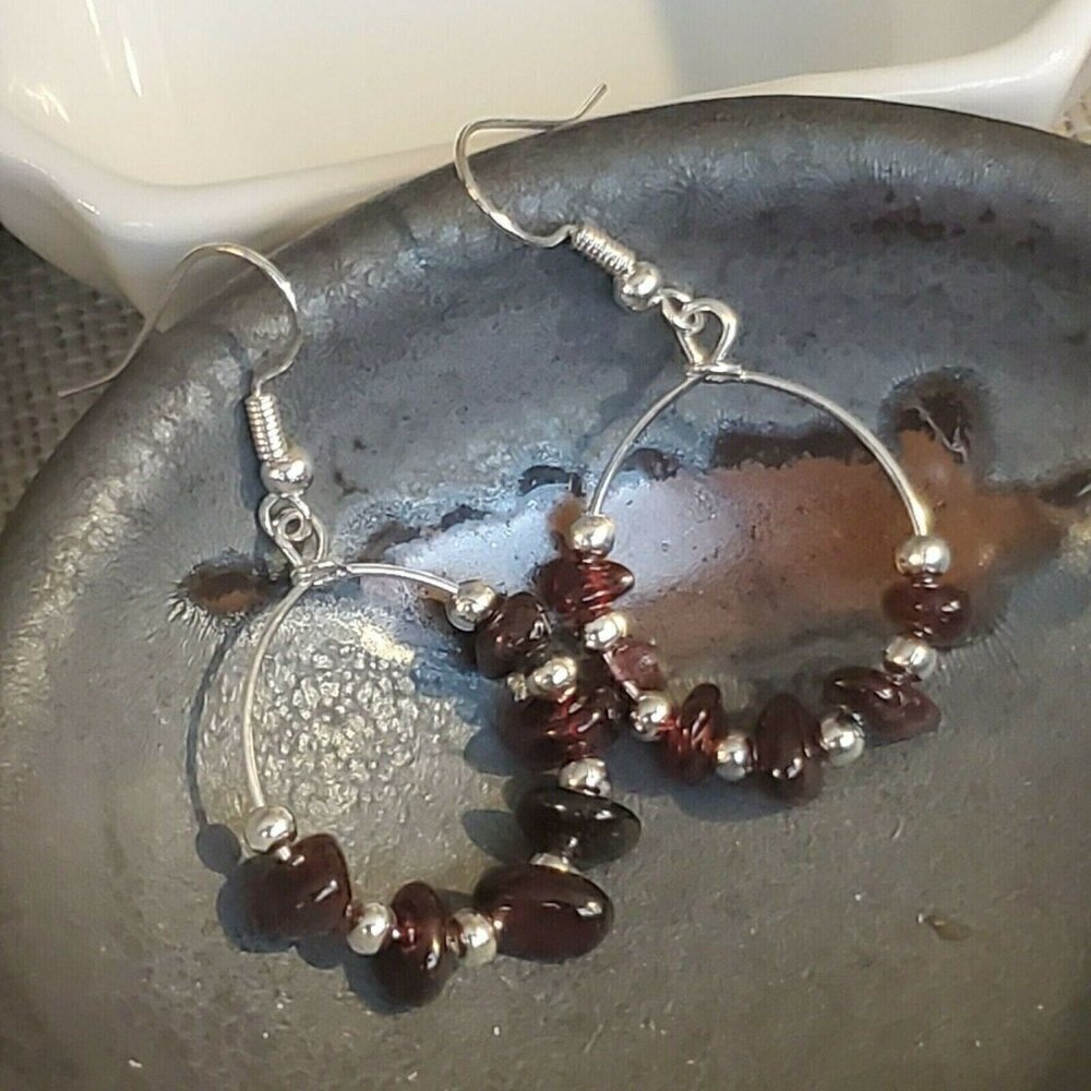 Handcrafted Baroque Garnet Gemstone Sterling Silver Plated Beads Earrings